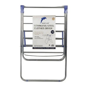 Stainless steel clothes dryer with Smart Link packaging on a white background