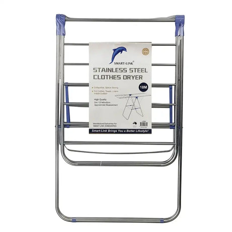 Stainless steel clothes dryer with Smart Link packaging on a white background
