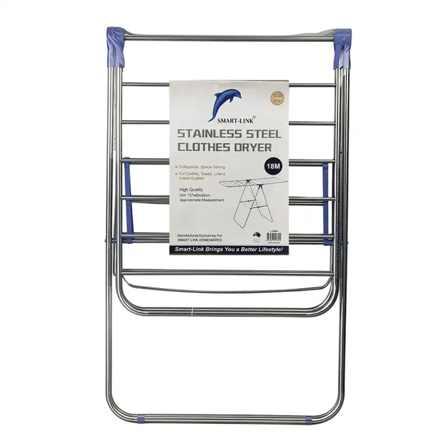 Stainless steel clothes dryer with Smart Link packaging on a white background