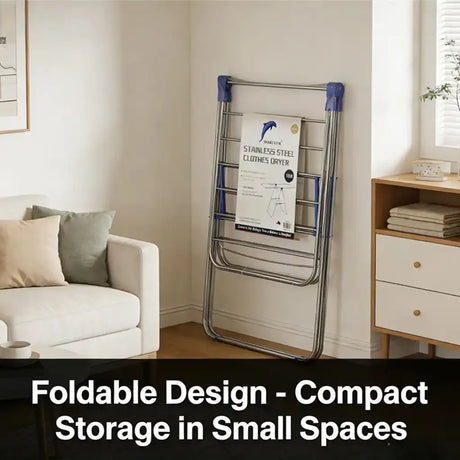 Foldable clothes dryer in a living room setting with text highlighting its compact storage feature.