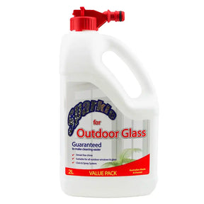 Cleaning solution container for outdoor glass with red nozzle on a white background