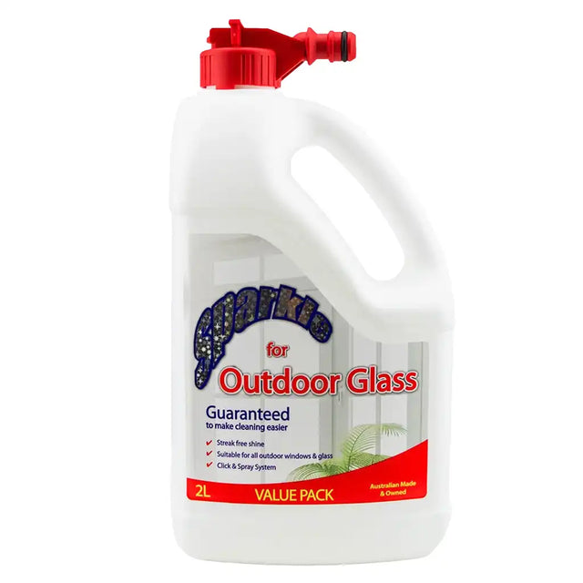 Cleaning solution container for outdoor glass with red nozzle on a white background