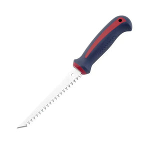 Serrated knife with a blue and red handle on a white background
