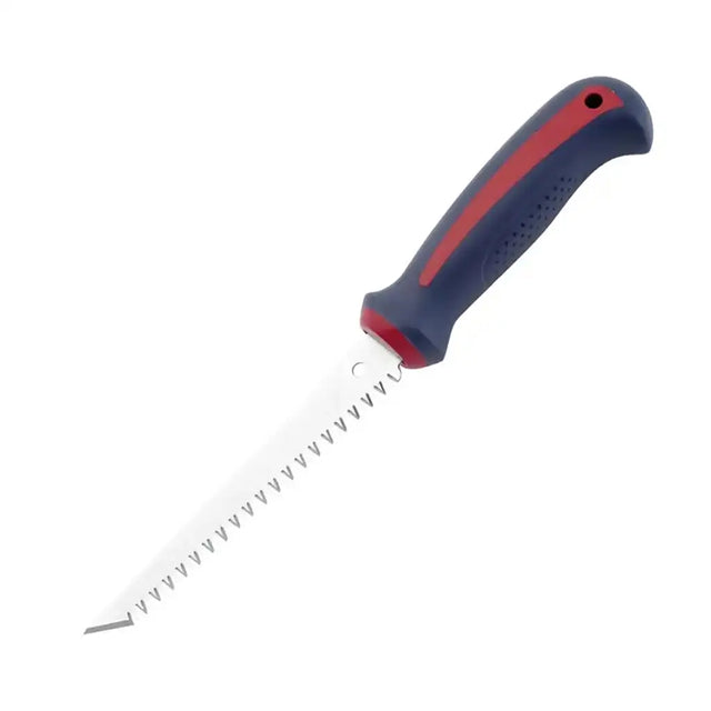 Serrated knife with a blue and red handle on a white background