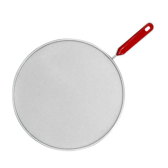 Round metal strainer with a red handle on a white background
