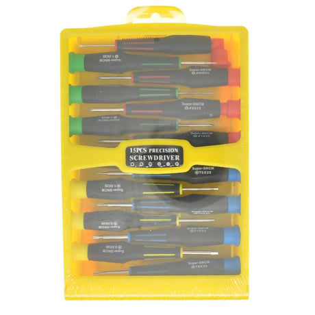 Set of screwdrivers in a yellow packaging on a white background