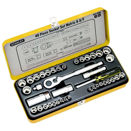 Stanley 40-piece socket set with tools and measurement chart on a white background