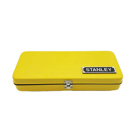 Yellow Stanley tool case on a white background