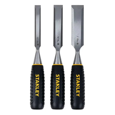 Three Stanley chisels with black handles on a white background