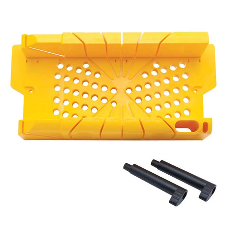 Yellow plastic tool with black attachments on a white background