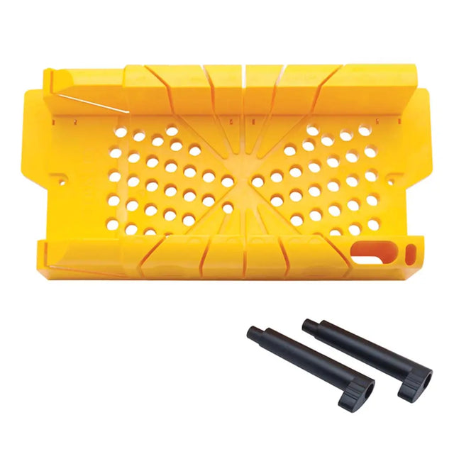 Yellow plastic tool with black attachments on a white background