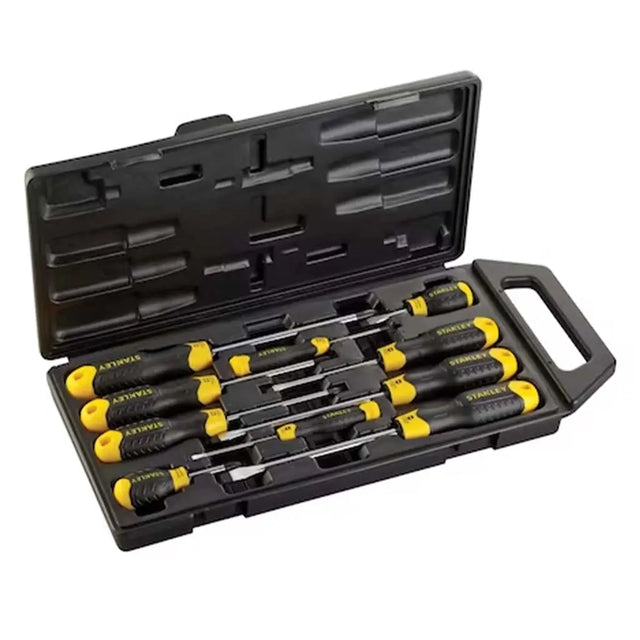 Set of screwdrivers in a black case on a white background