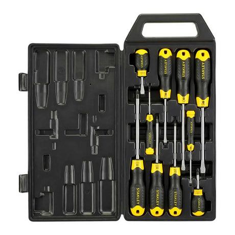 Set of Stanley screwdrivers in a black case on a white background