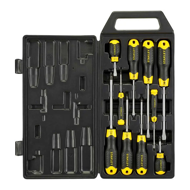 Set of Stanley screwdrivers in a black case on a white background