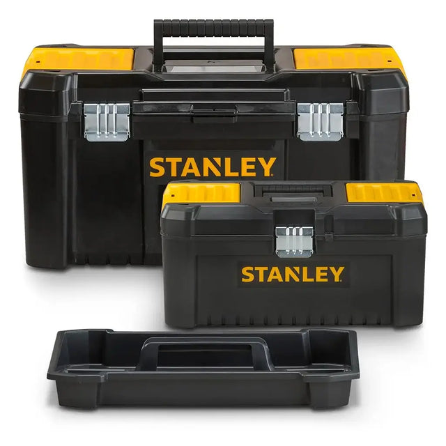 Three black and yellow Stanley tool boxes shown on a white background, including a large toolbox, a smaller toolbox, and an empty tray.