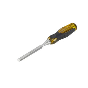 Chisel with a yellow handle on a white background