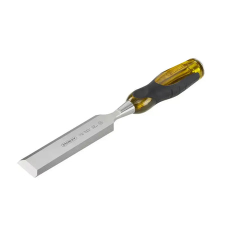 Wood chisel with black and yellow handle on a white background
