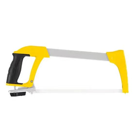 Hacksaw with yellow and black handle on a white background