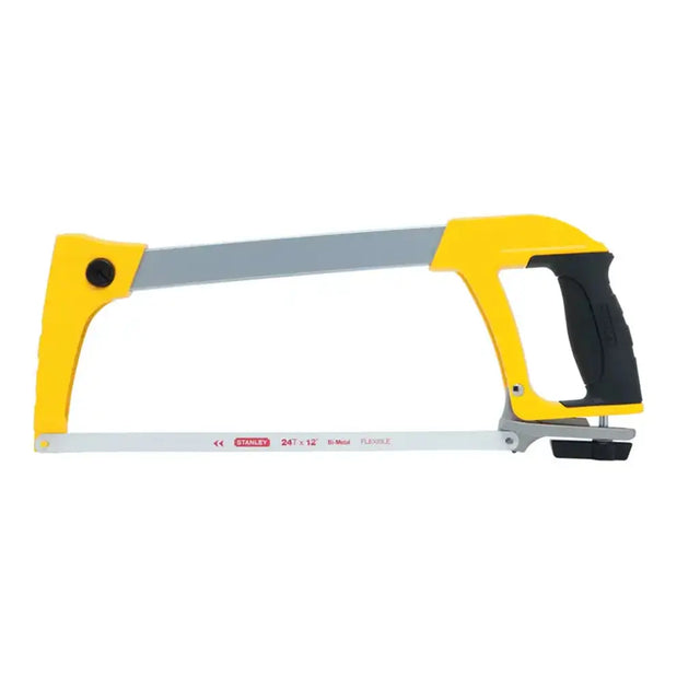 Hacksaw with yellow and black handle on a white background