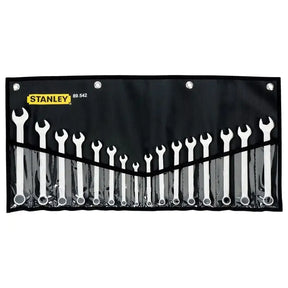 Set of wrenches in a Stanley tool roll on a white background