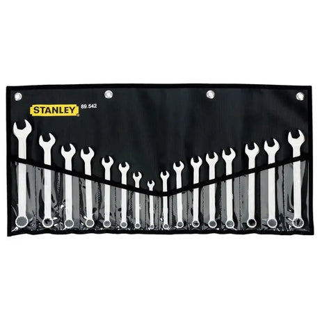 Set of wrenches in a Stanley tool roll on a white background