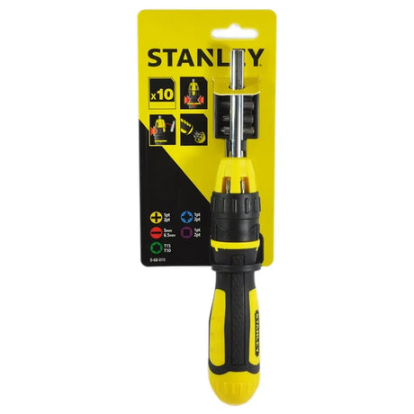 Yellow and black screwdriver with Stanley packaging on a white background