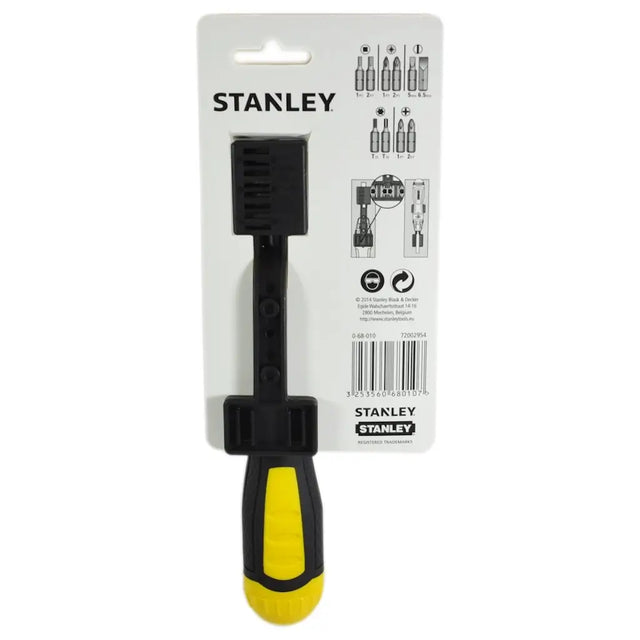 Stanley tool with black and yellow handle on a white background