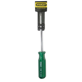 A Stanley flathead Phillips screwdriver with a green handle and a silver metal shaft, shown with its black and yellow retail header card on a plain white background.