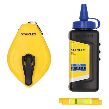 Stanley 30m chalk line reel kit with blue chalk refill bottle and spirit level
