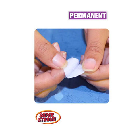 Close-up of hands holding a piece of white material with 'Super Strong' and 'Permanent' text on a blue background.