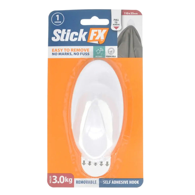 Packaged Stick FX self-adhesive hook with orange and blue design