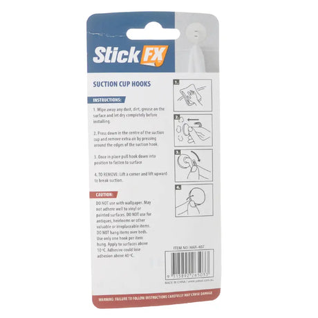 Packaging of Stick FX suction cup hooks with instructions and branding.