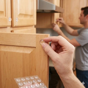 Person installing cabinet hardware with a focus on hand and cabinet.