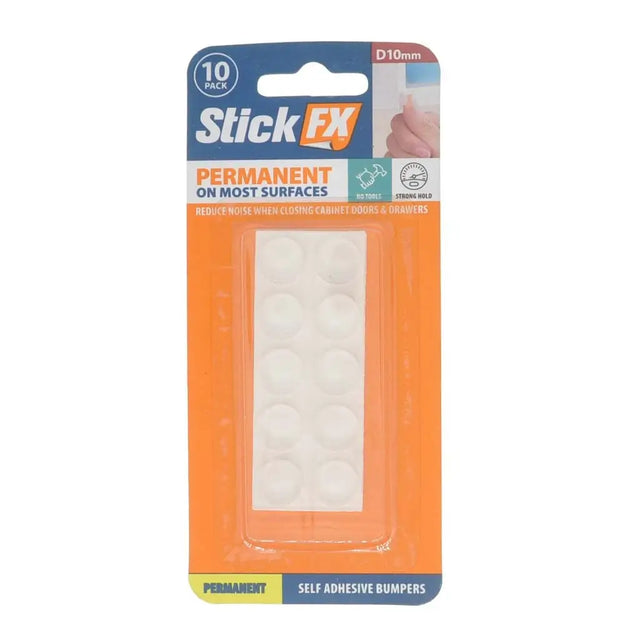 Pack of Stick FX self-adhesive bumpers with clear plastic window on a white background