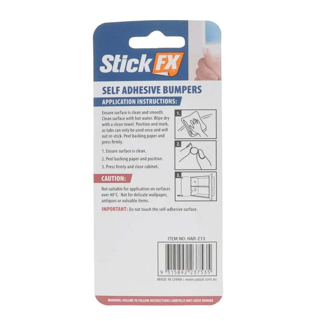 Packaging of Stick FX self-adhesive bumpers with application instructions on a white background