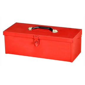 A bright red metal toolbox with a black carrying handle and silver-toned latch, shown on a plain white background.