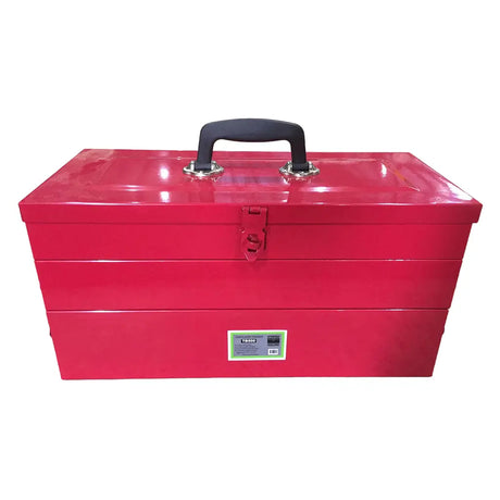 A red metal toolbox with a black carrying handle and a small front label, photographed on a plain white background.