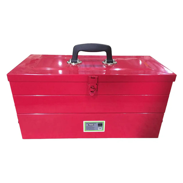 A red metal toolbox with a black carrying handle and a small front label, photographed on a plain white background.