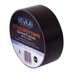 Roll of black cloth tape with 'Stylus' branding on a white background