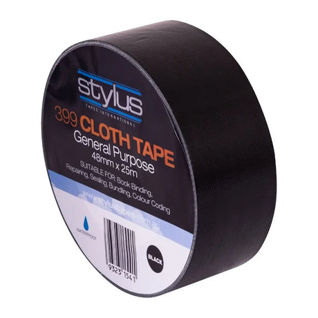Roll of black cloth tape with 'Stylus' branding on a white background
