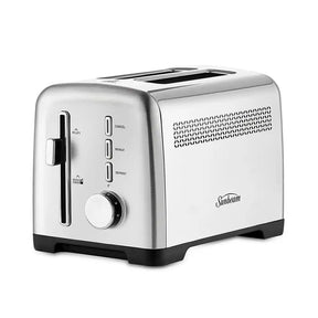 Silver toaster with brand logo on a white background