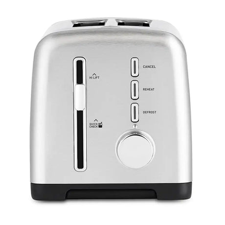 Silver toaster with control buttons on a white background