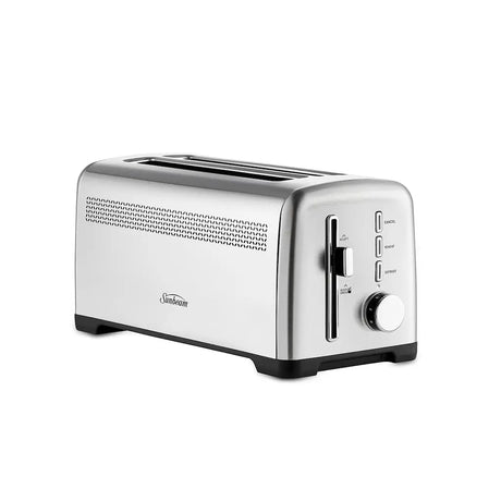 Silver toaster with a brand logo on a white background