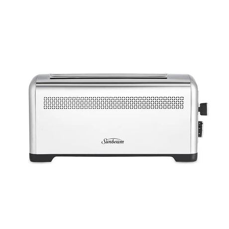 Silver toaster with 'Sunbeam' branding on a white background