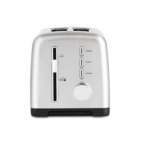 Silver toaster with control panel on a white background