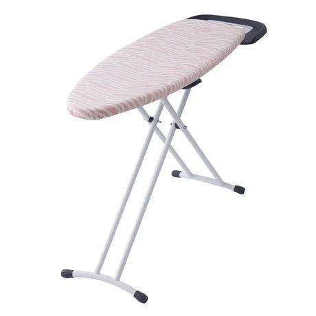 Foldable ironing board with striped cover on a white background