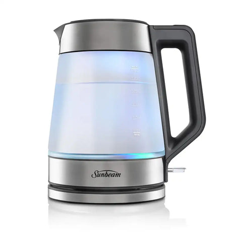Sunbeam electric kettle with a clear glass body and black handle on a white background