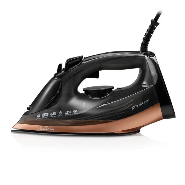 Black and copper steam iron on a white background