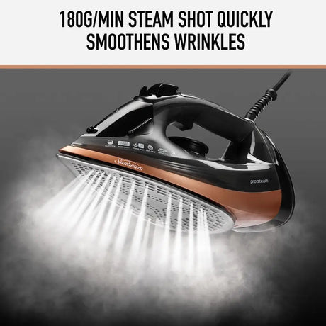 Sunbeam steam iron emitting steam with text highlighting its speed and wrinkle-smoothing capabilities.