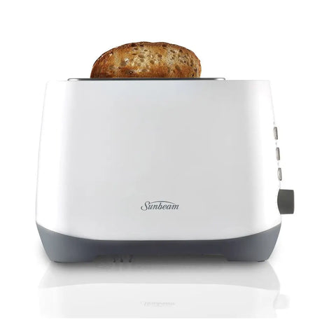 White toaster with a piece of bread inside on a white background, featuring the Sunbeam brand.
